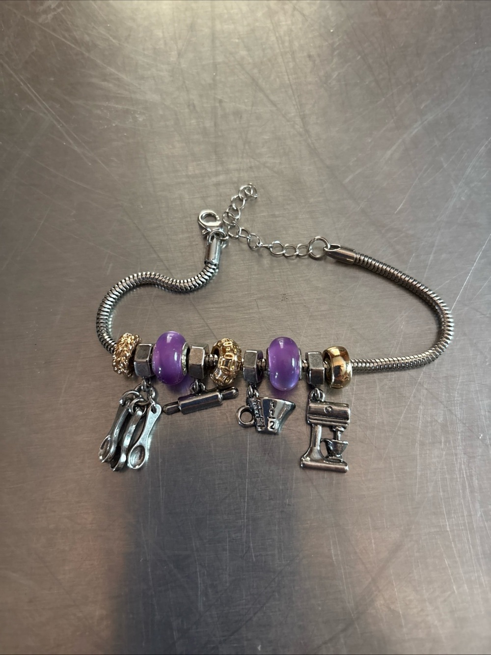 Adorable bakers charm bracelet! Spoons, roller, measuring cup, mixer. See desc.